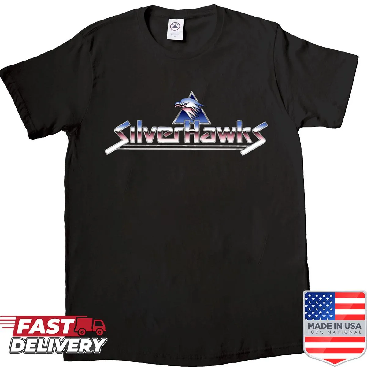 Retro Silverhawks cartoon shirt featuring iconic characters.