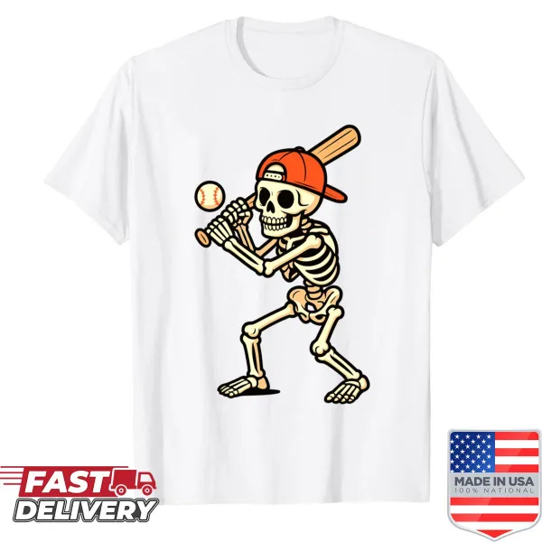Skeleton baseball player swinging a bat with a skull graphic
