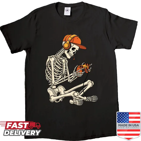 Skeleton with headphones and game controller design on a fun shirt