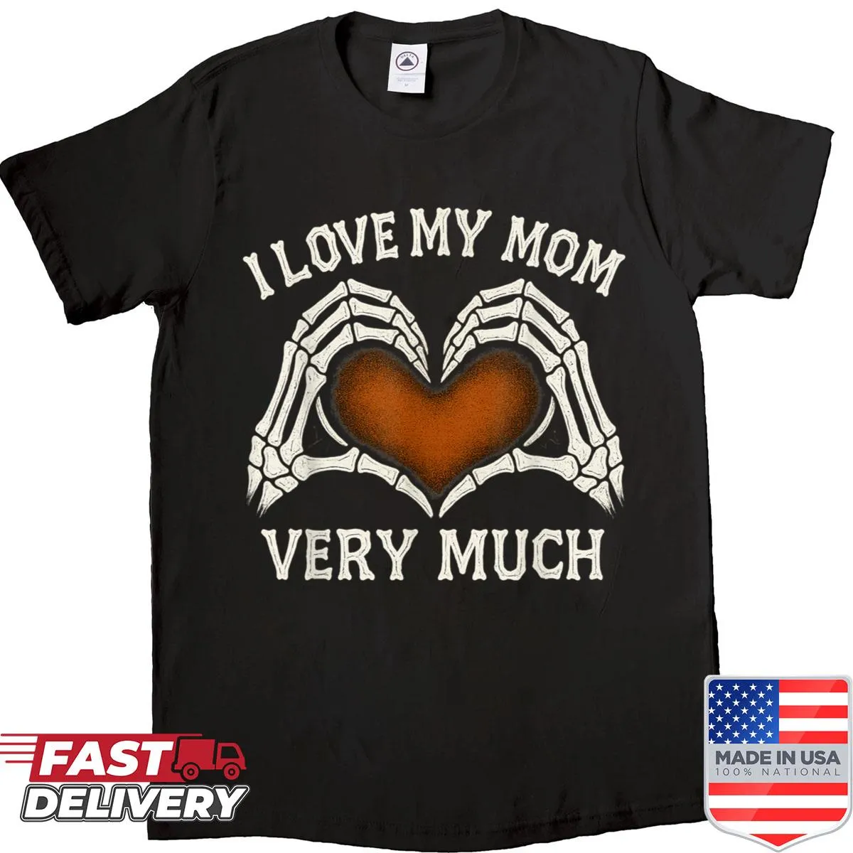 Graphic t-shirt with skeleton hands forming a heart shape