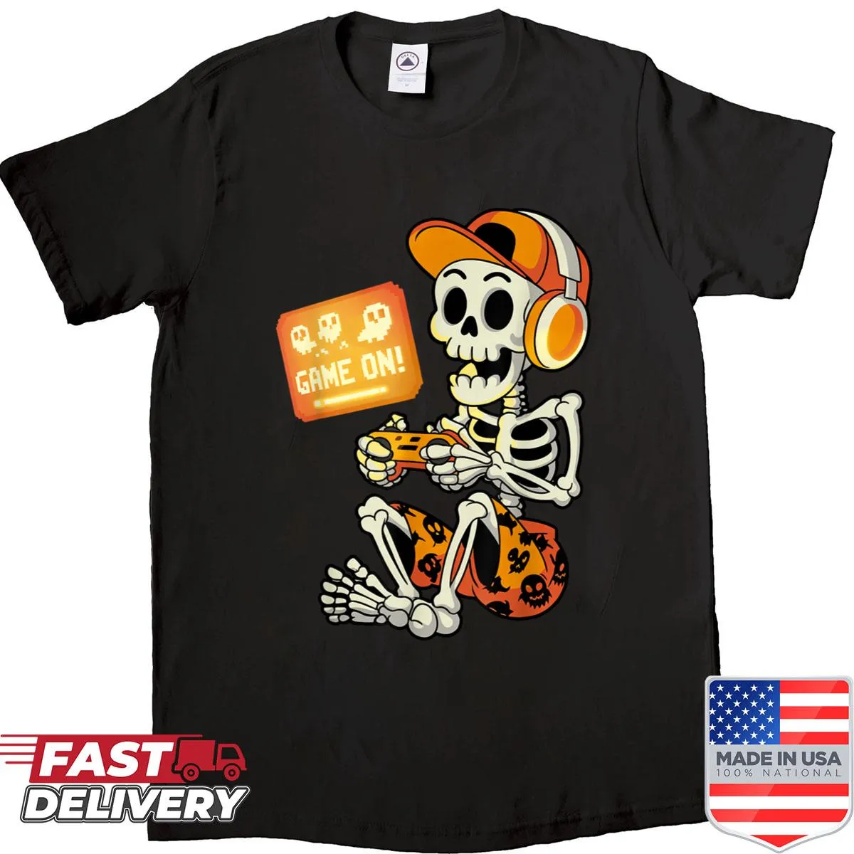 Skeleton character playing video games for Halloween