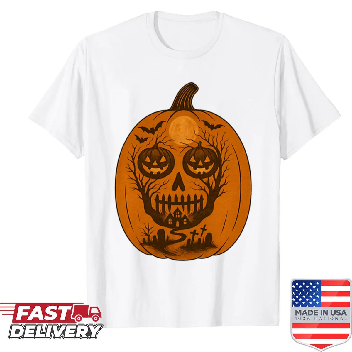 Skeleton and pumpkin illusion graphic on a Halloween-themed shirt