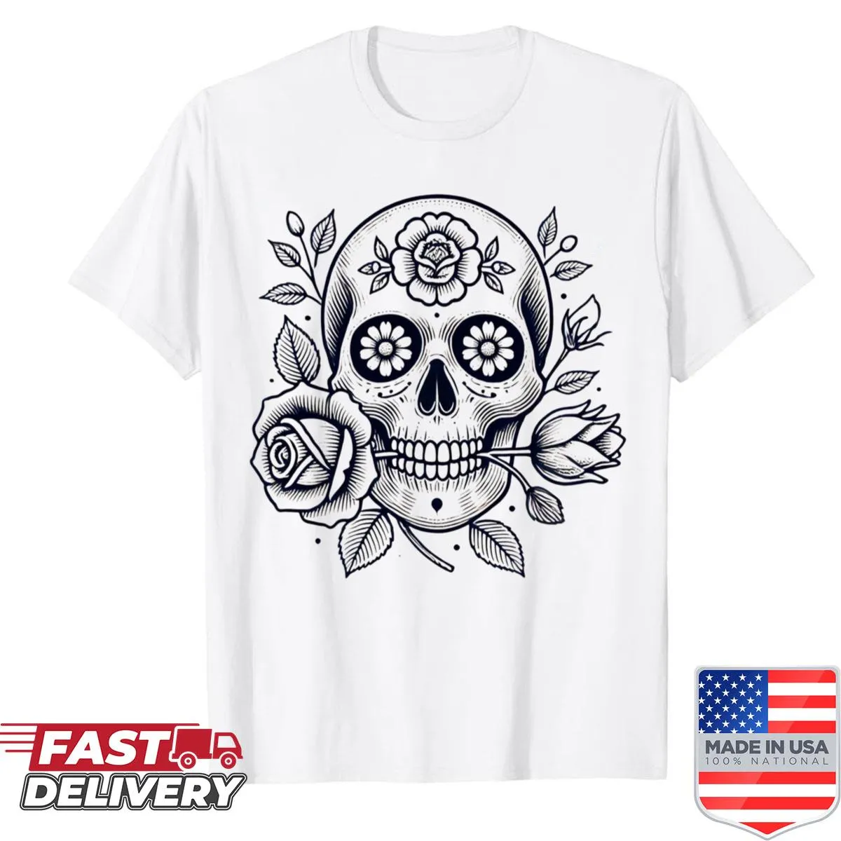 Traditional tattoo style shirt with skull and floral design