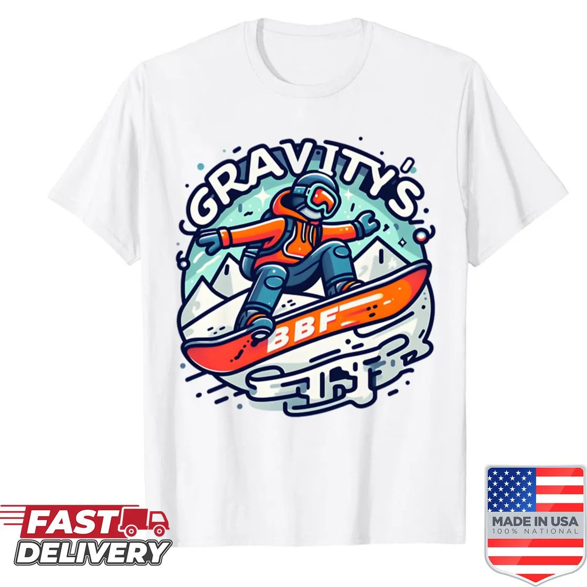 Snowboarding shirt with the phrase 'Gravity's BFF' and an illustration of a snowboarder