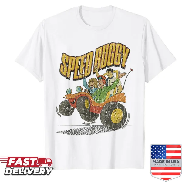 Cartoon-style image of a speedy buggy on a playful T-shirt
