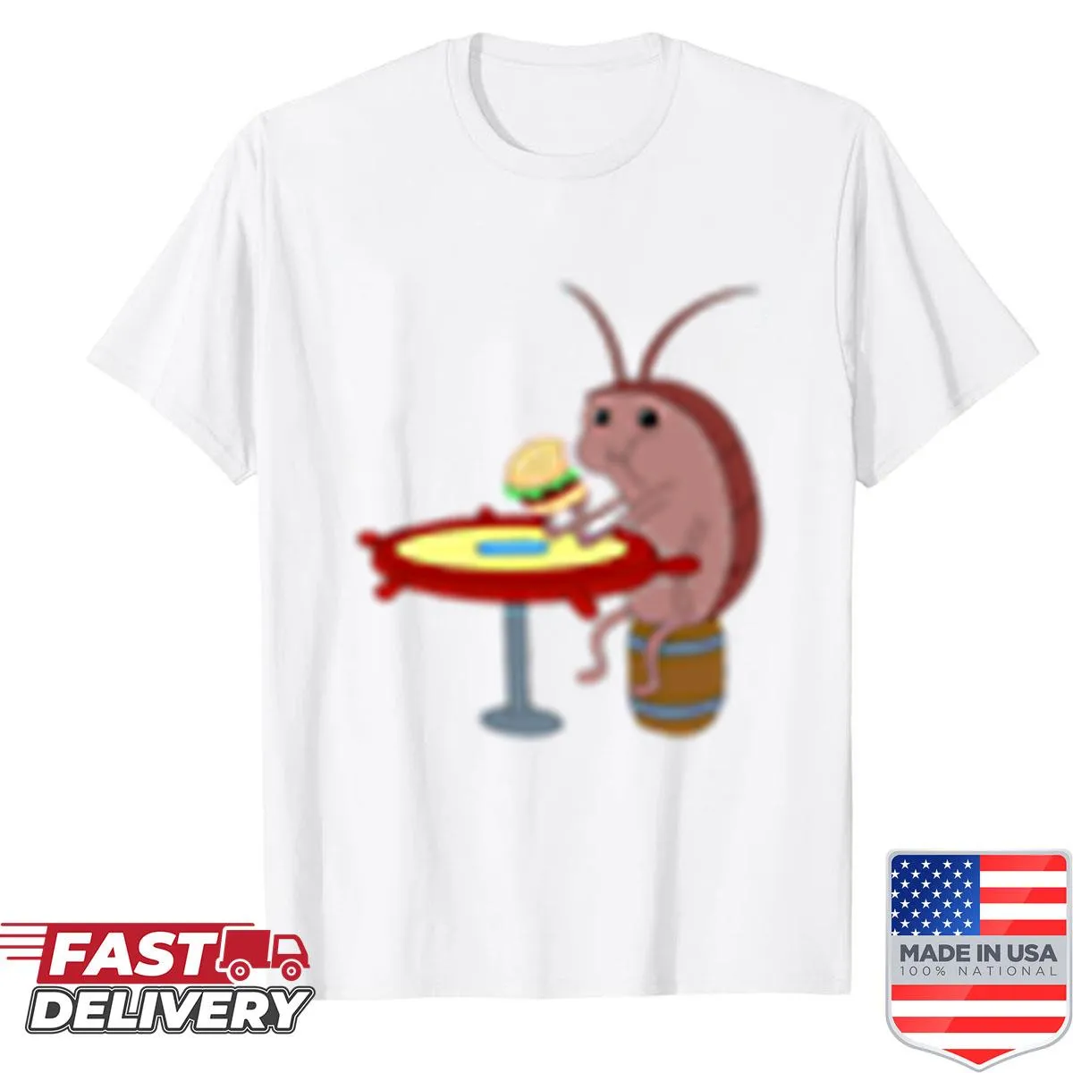 Cartoon design of a cockroach with a Krabby Patty on a casual tee