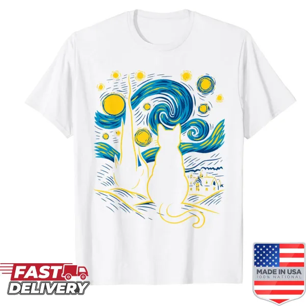 Illustrative shirt with 'Starry Night' theme and cat motifs