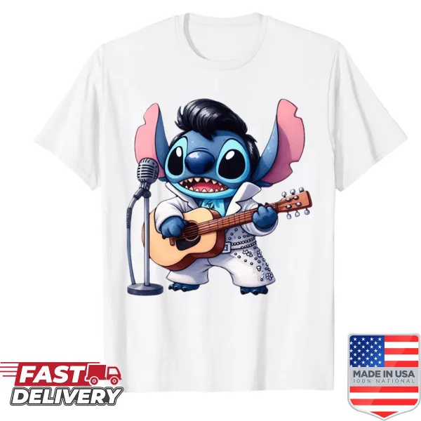 Cartoon Stitch playing ukulele, combining Elvis vibe in a playful design