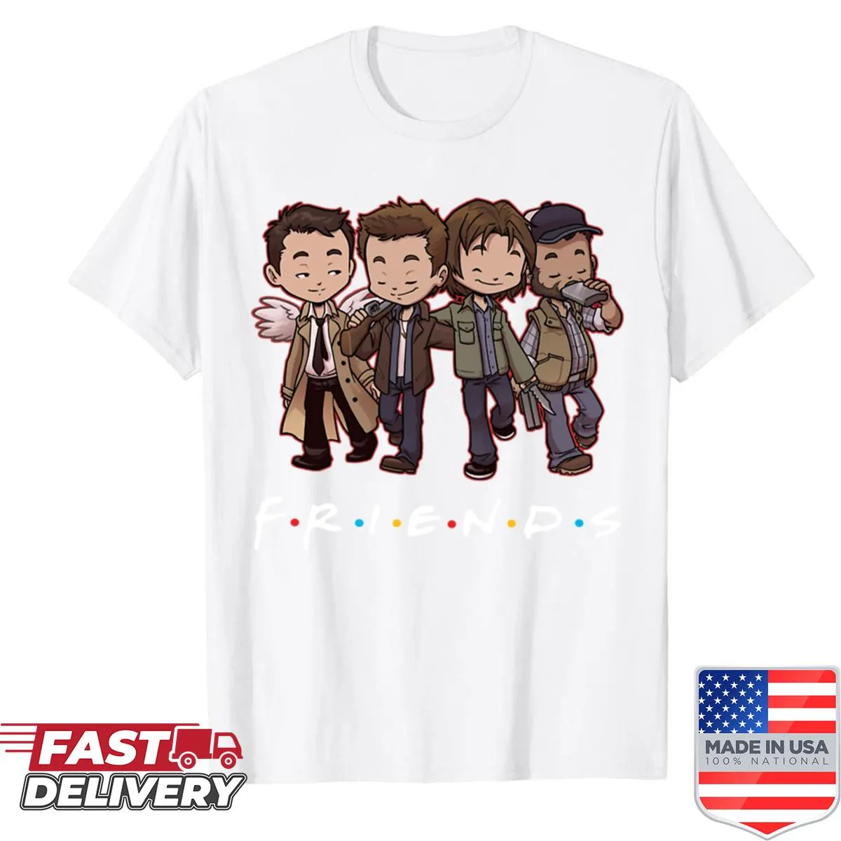 Cartoon graphic of supernatural friends on a shirt
