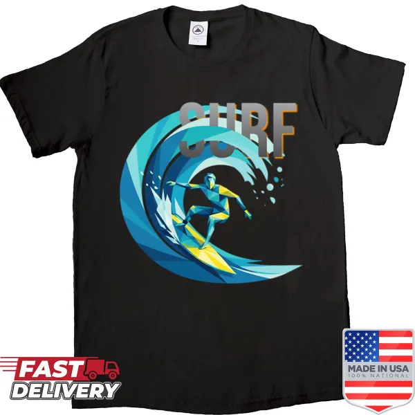 Illustrated surfboard riding waves graphic on a shirt