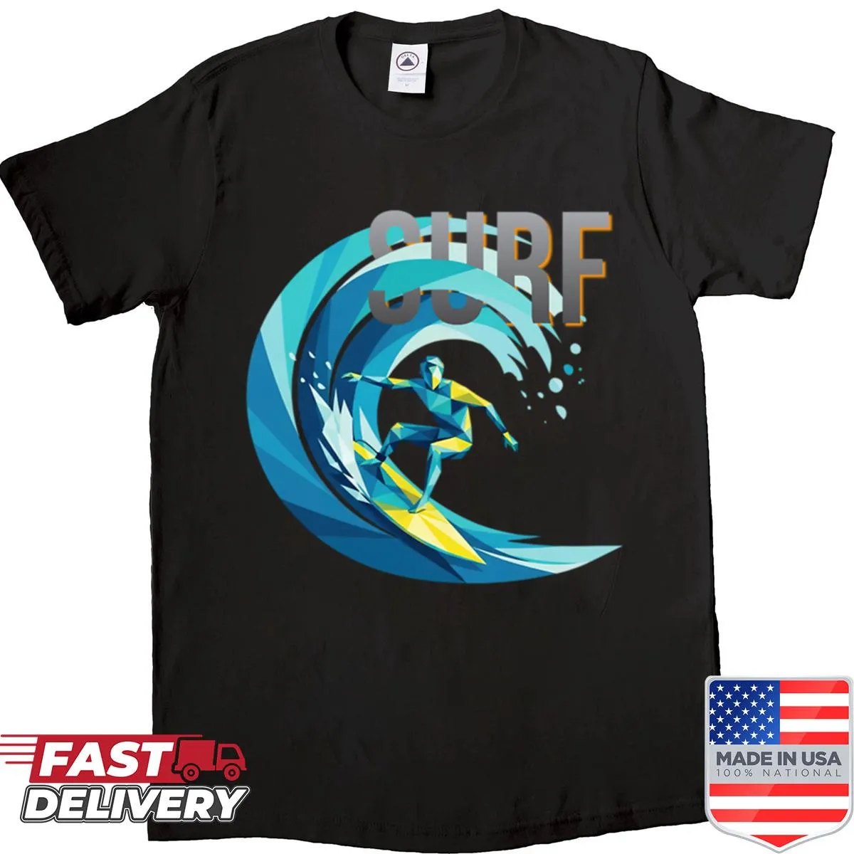 Illustrated surfboard riding waves graphic on a shirt