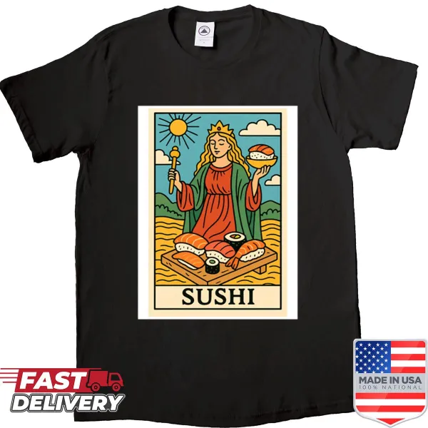 Funny food-themed cartoon shirt with sushi, pizza, and burgers