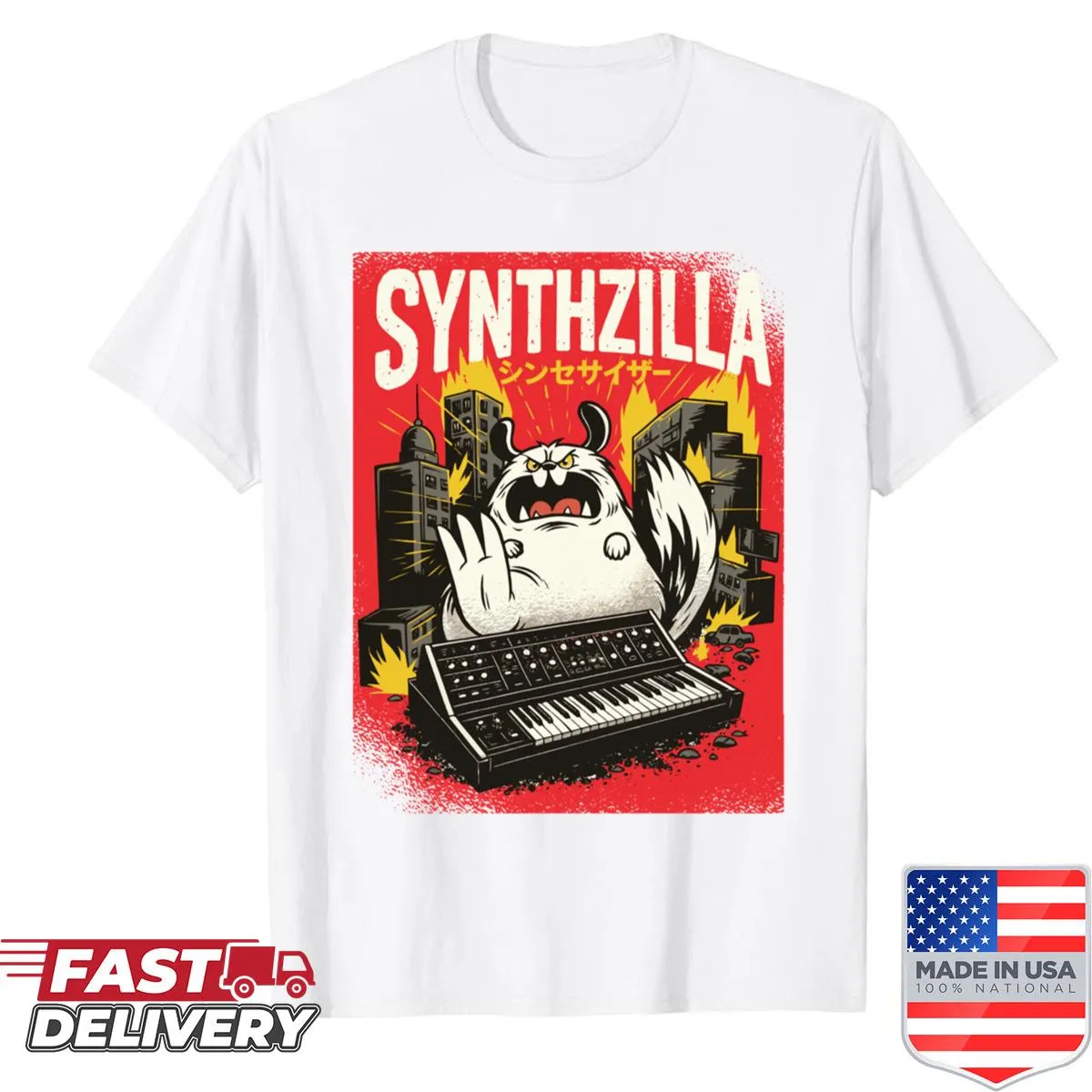 Shirt featuring 'Synthzilla' text with synth-wave music theme