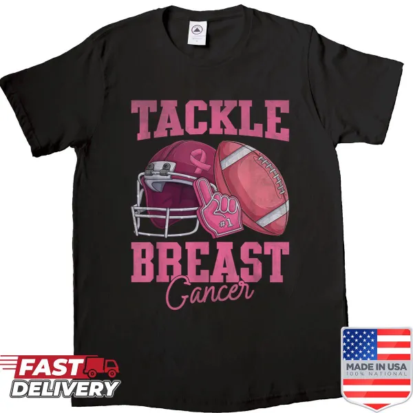 Breast cancer awareness shirt with football-themed design