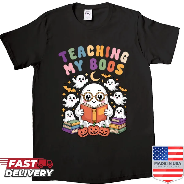 Cute Halloween teacher shirt featuring a ghost and text 'Teaching My Boos'
