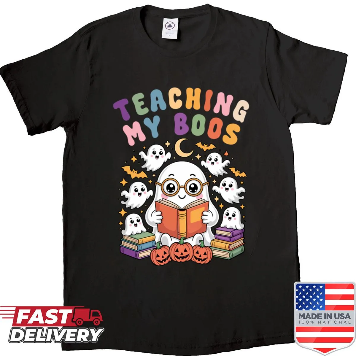 Cute Halloween teacher shirt featuring a ghost and text 'Teaching My Boos'