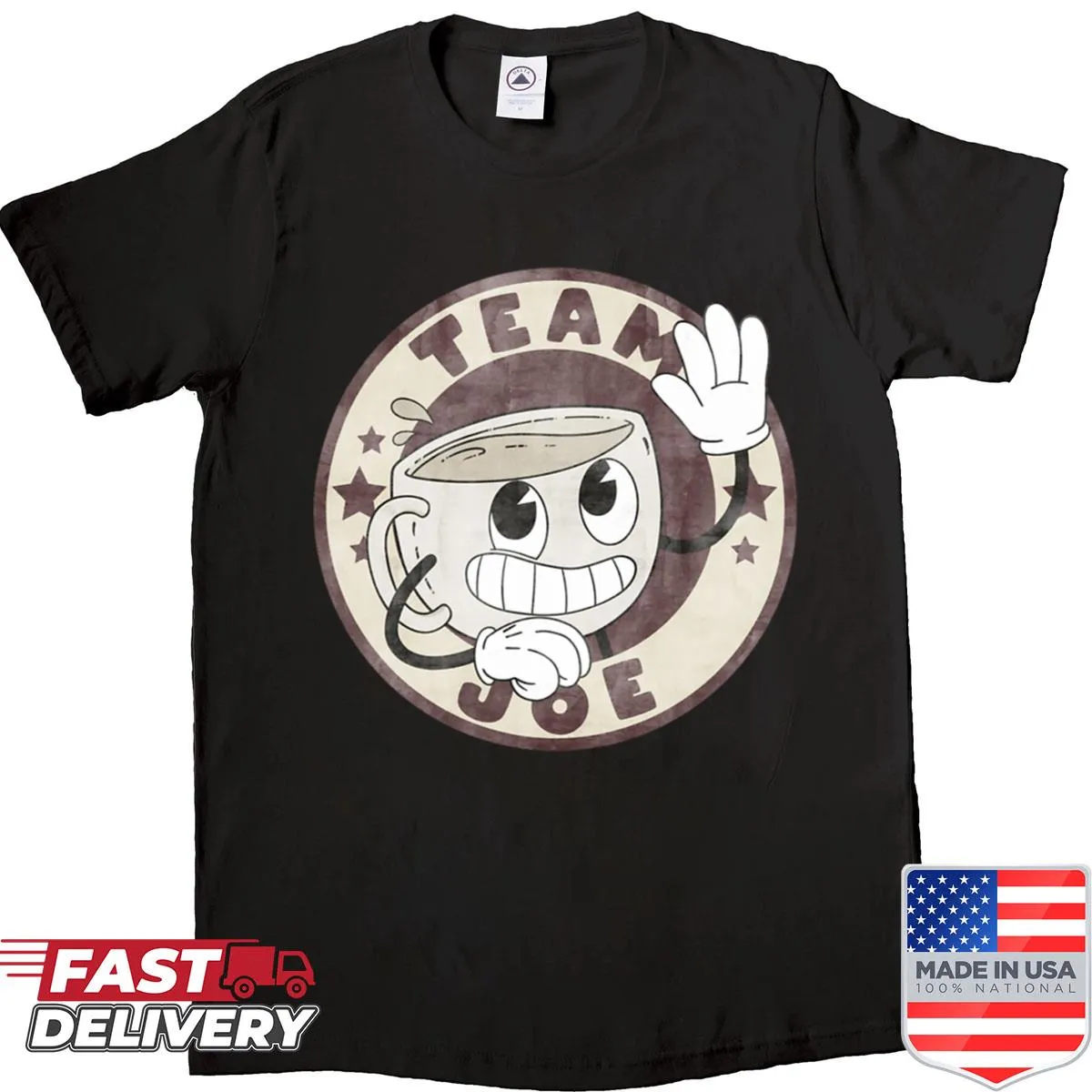 Cartoon 'Team Joe' coffee badge shirt