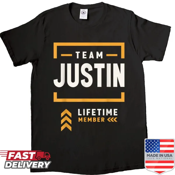 Shirt announcing membership to 'Team Justin' in elegant typography