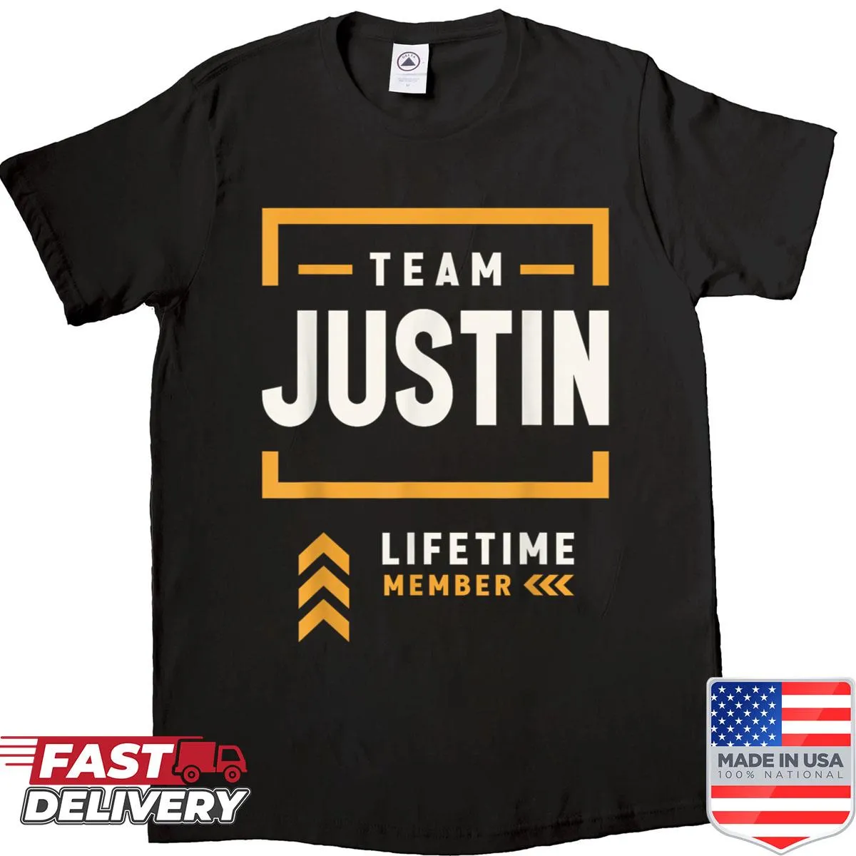 Shirt announcing membership to 'Team Justin' in elegant typography