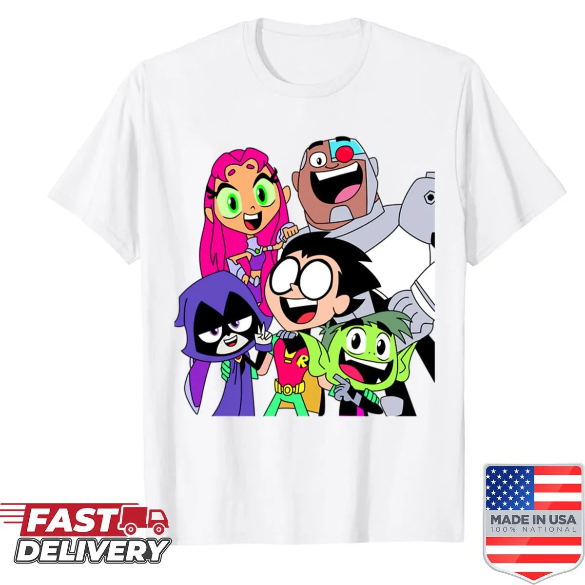 Teen Titans graphic t-shirt featuring illustrations of iconic characters