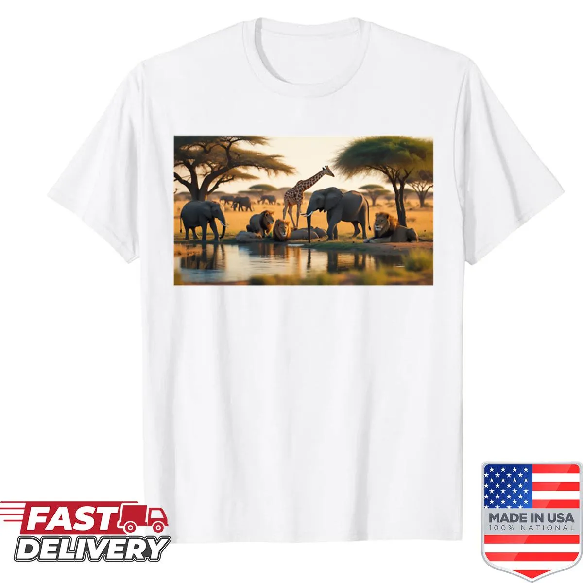 Illustrated shirt featuring wildlife and nature themes of Africa