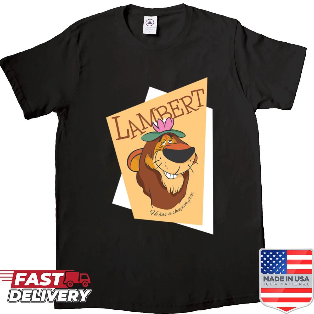 Cartoon graphic of a sheepish lion on a T-shirt
