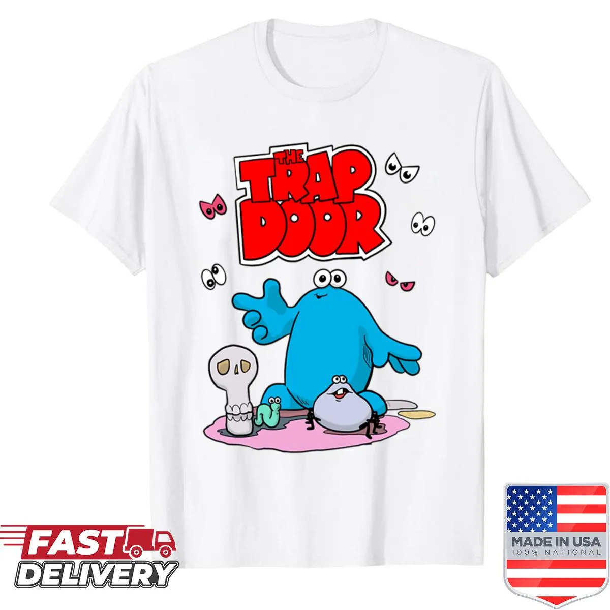 Cartoon-style shirt featuring characters from The Trap Door series