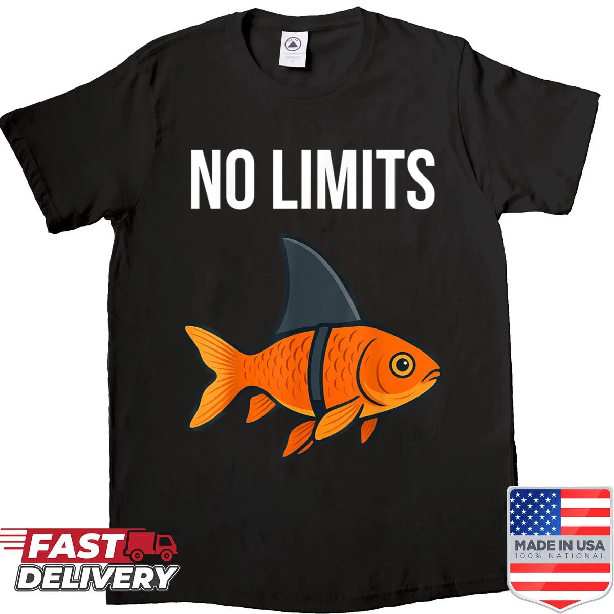 Illustrated shirt of a goldfish with a shark fin conveying motivation