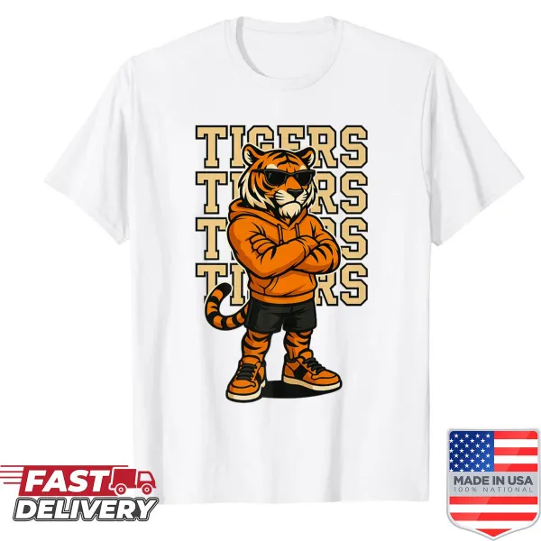 Energetic tiger mascot graphic for kids sports shirt
