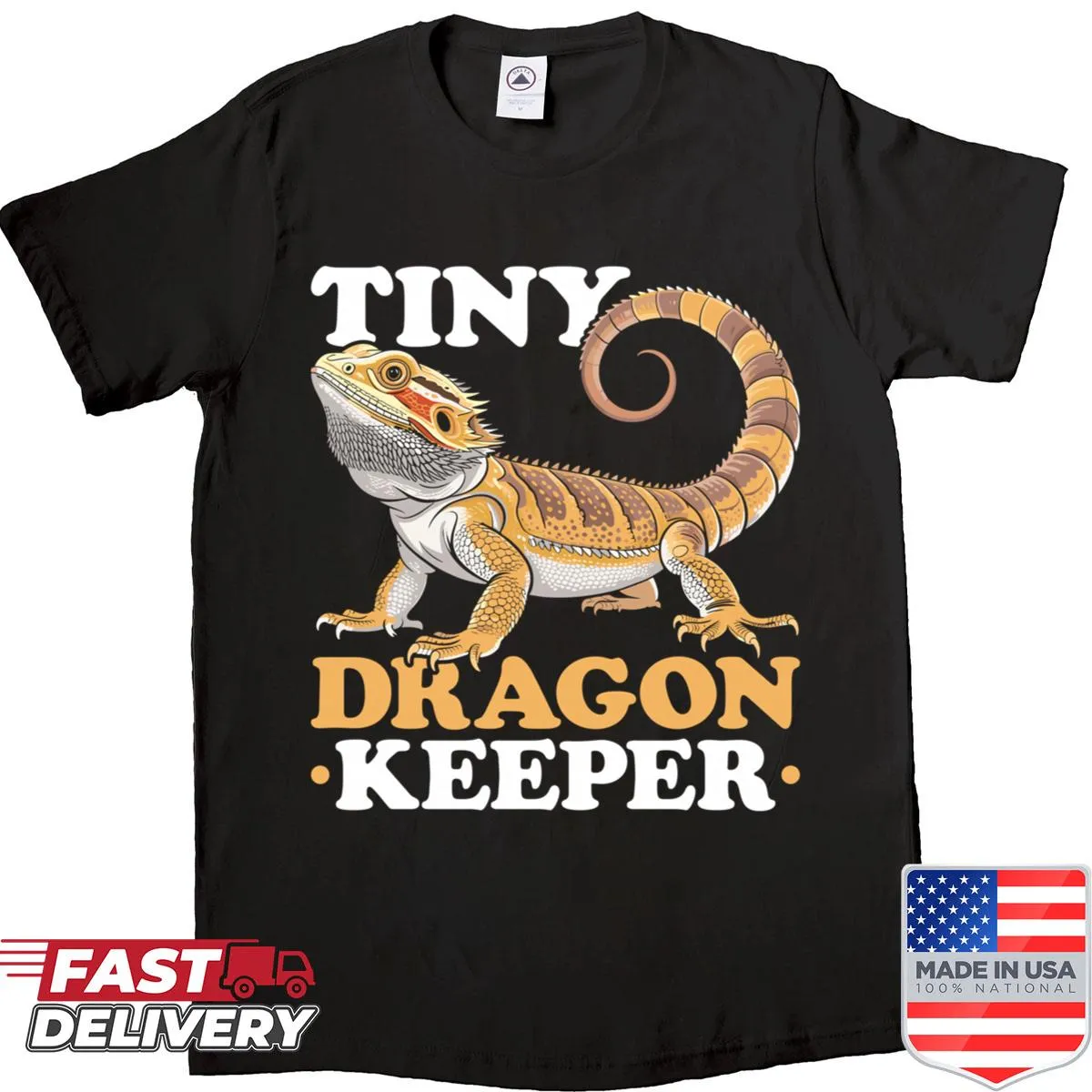 Fun shirt featuring a cartoon tiny dragon keeper for reptile lovers.
