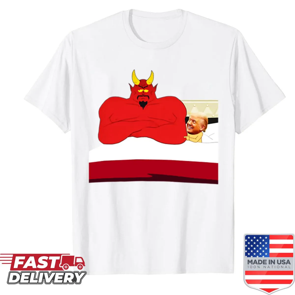 Oversized T-shirt with a graphic of Trump in bed with the devil