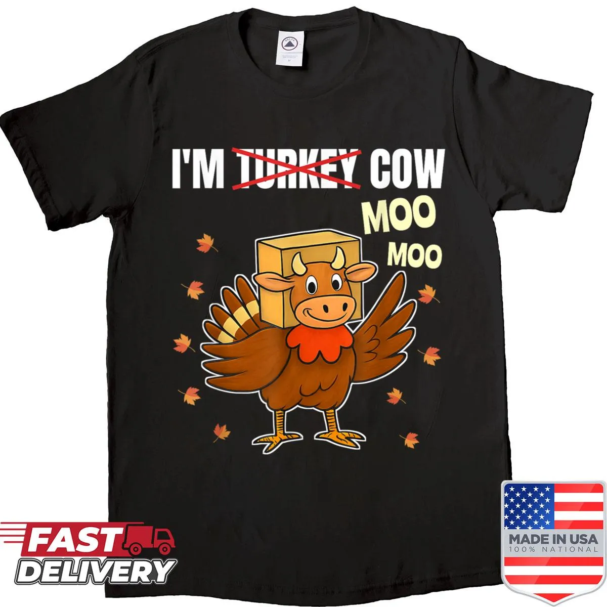 Cartoon turkey with a cow head on a funny Thanksgiving shirt