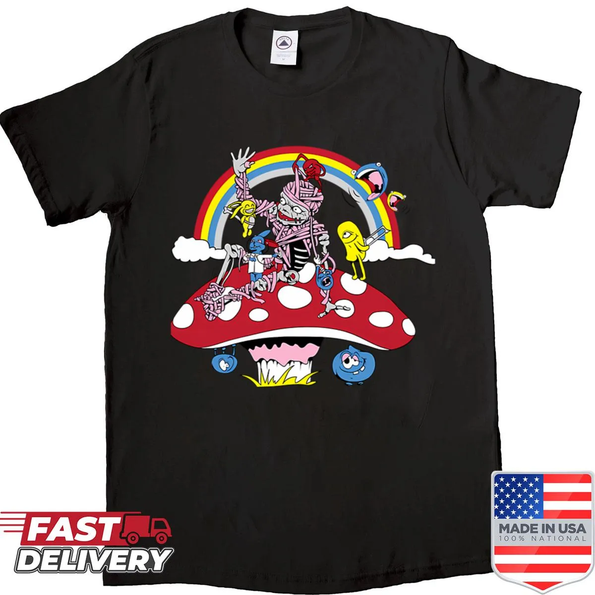 Whimsical rainbow graphic on a casual shirt