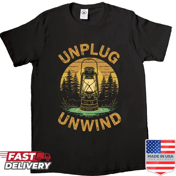 Simple typography shirt with 'Unplug Unwind' phrase promoting relaxation.