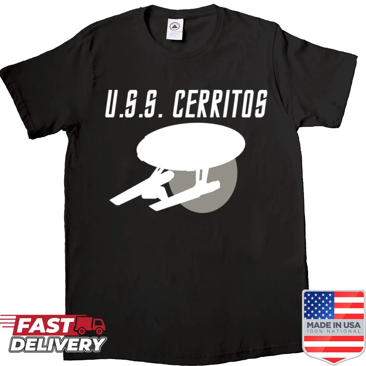 USS Cerritos shirt featuring the ship's graphic illustration