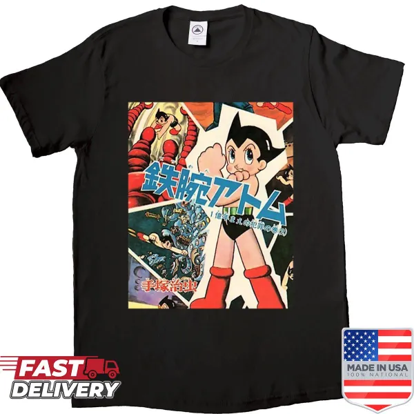 Retro Astro Boy illustration on a vintage-style t-shirt
