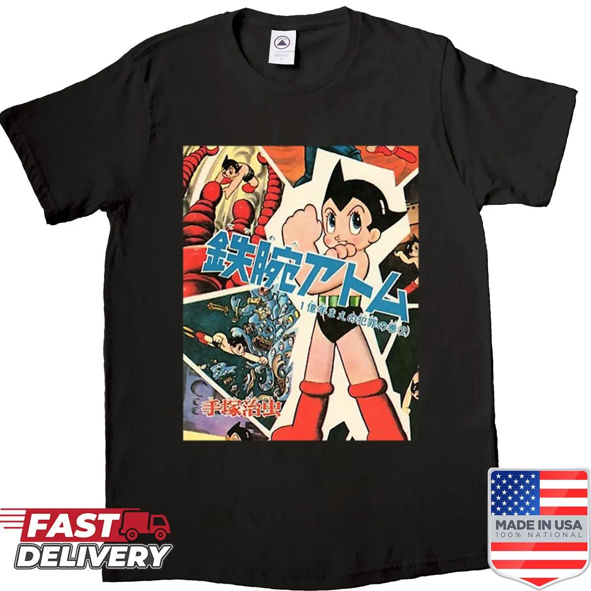 Retro Astro Boy illustration on a vintage-style t-shirt