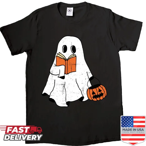 Cute ghost reading a book with pumpkins Halloween shirt