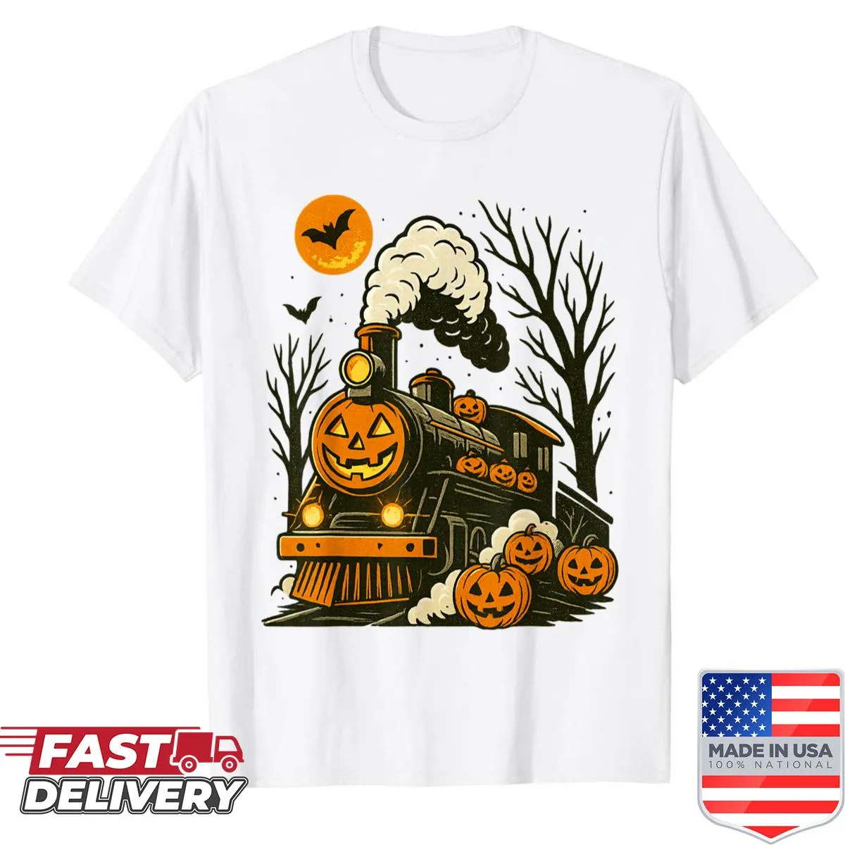 Vintage style Halloween shirt with trains and pumpkins