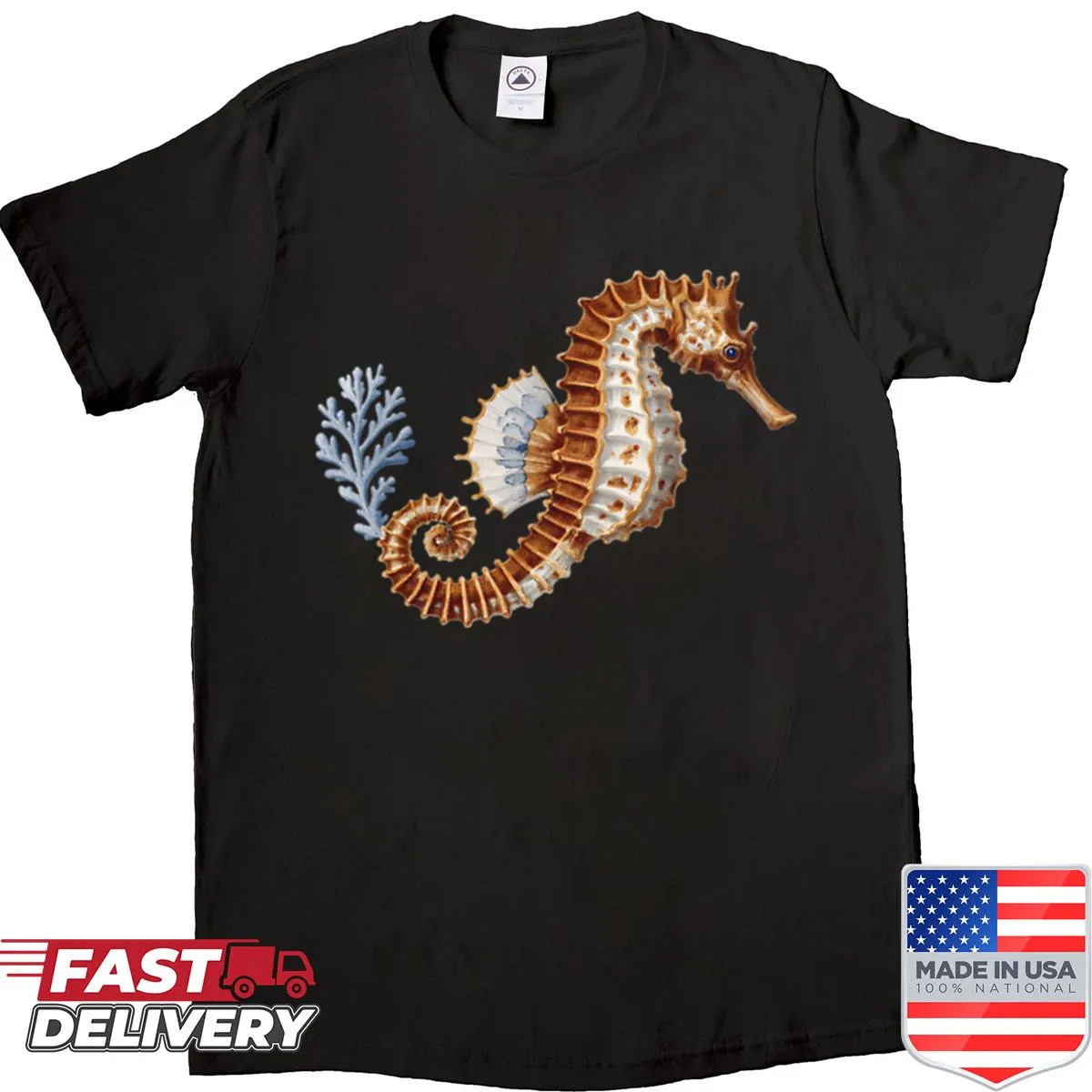 Vintage seahorse illustration on a casual shirt