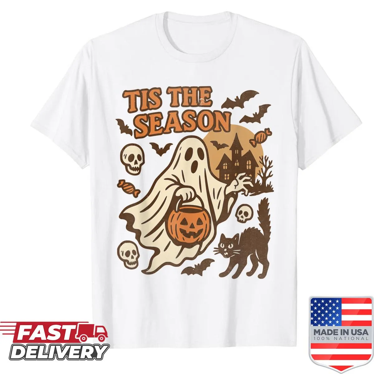 Vintage Halloween T-shirt with playful skeletons and ghosts