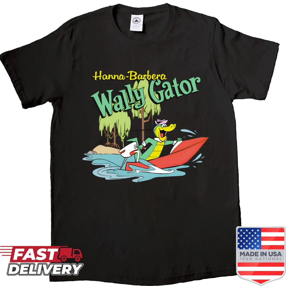 Cartoon of Wally Gator on a jet ski in a fun design