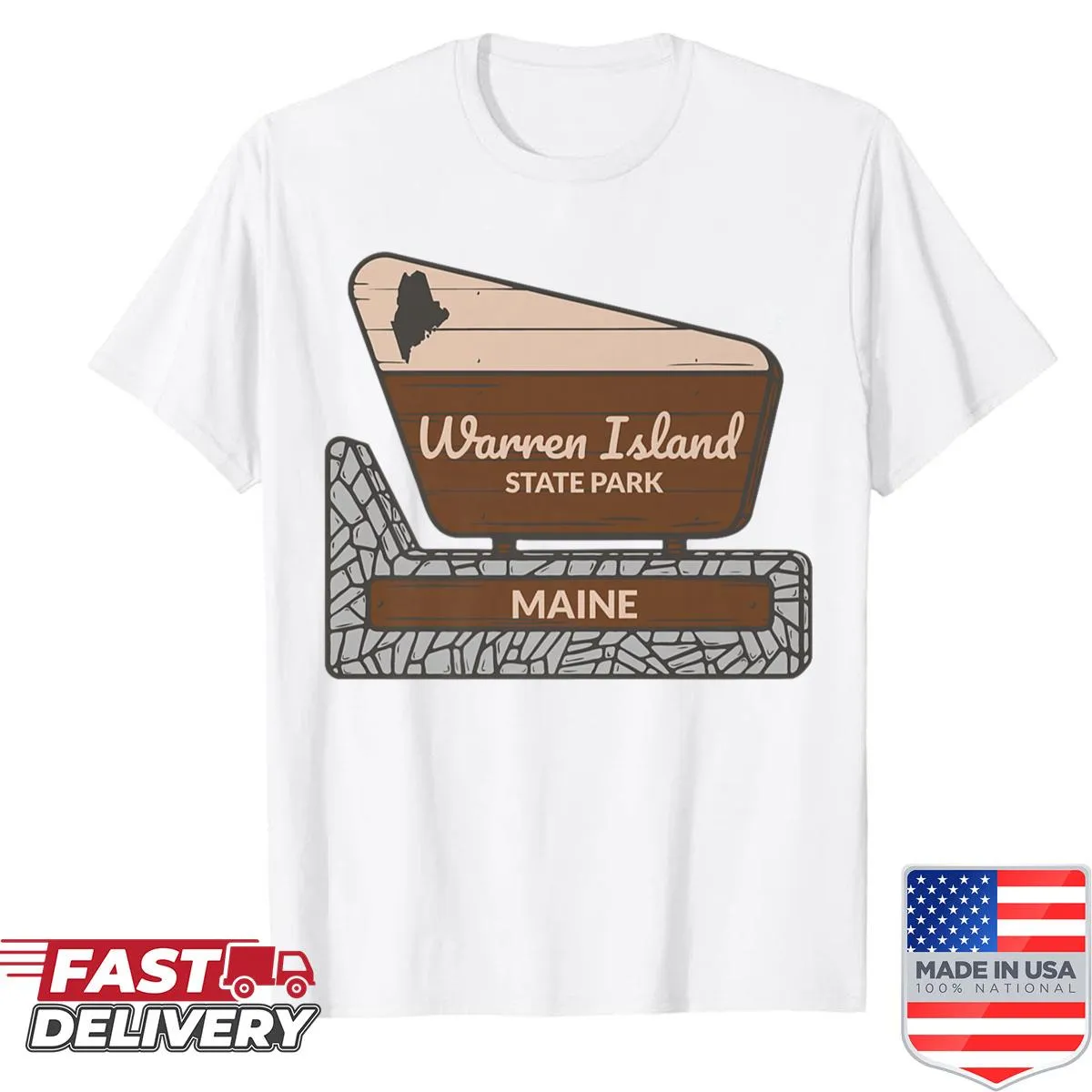 T-shirt featuring an illustrated welcome sign for Warren Island State Park