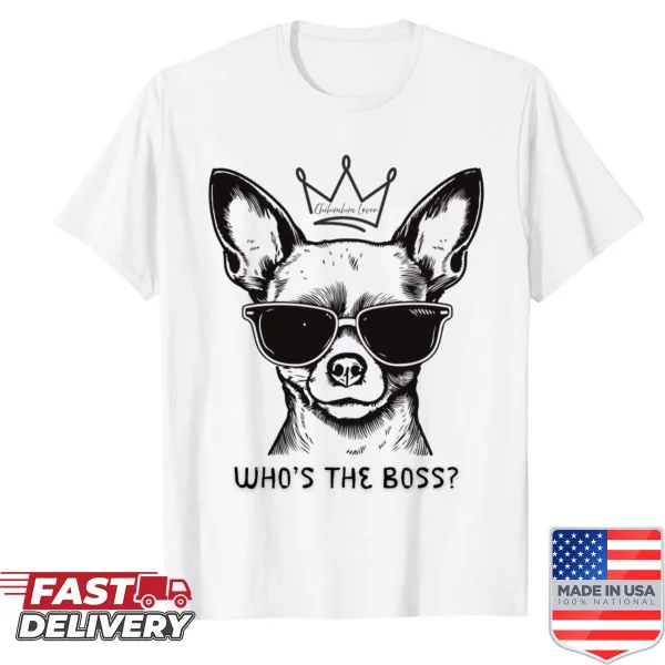 Text graphic stating 'Who's The Boss' on shirt