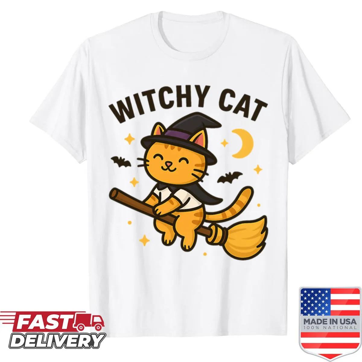 Cartoon cat on a broomstick for Halloween humor shirt.