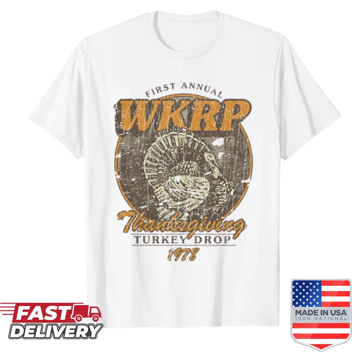 Shirt featuring typography from Wkrp Turkey Drop 1978