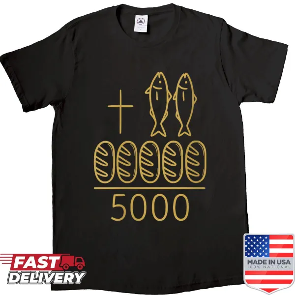 Illustration of fish, loaves, and a cross on a women's shirt