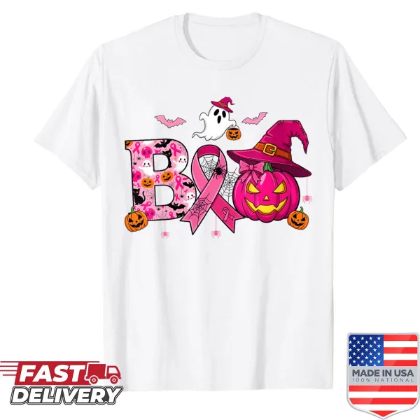 Halloween-themed women's shirt with ghost and pumpkin design