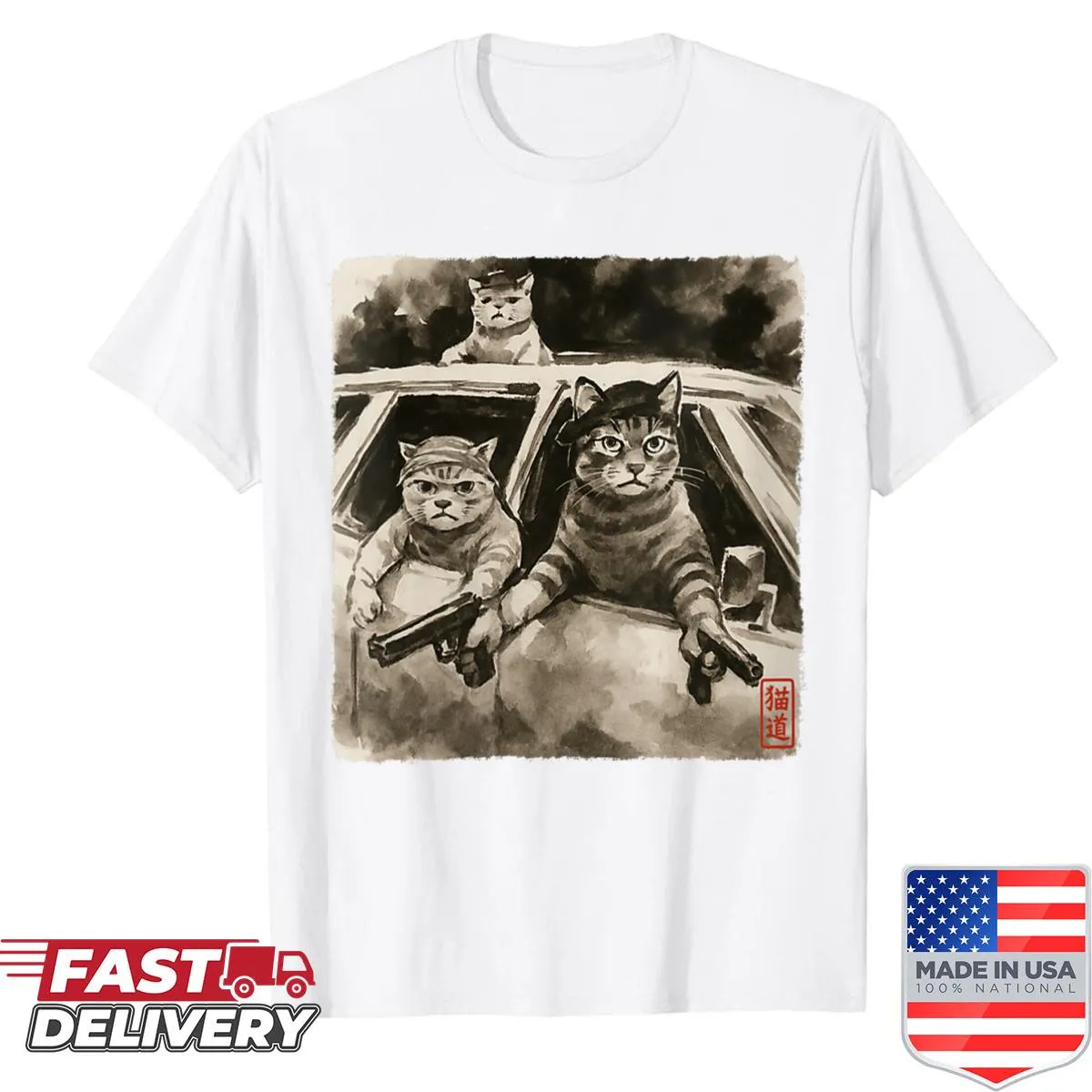 Sumi-e style shirt featuring gangster cats in a funny meme design