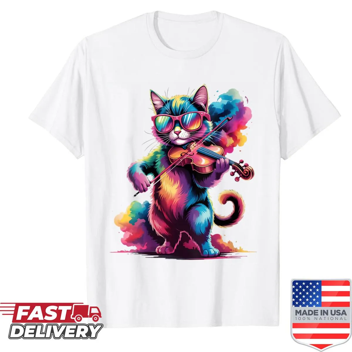 Whimsical shirt with a cat playing violin and colorful paint splashes